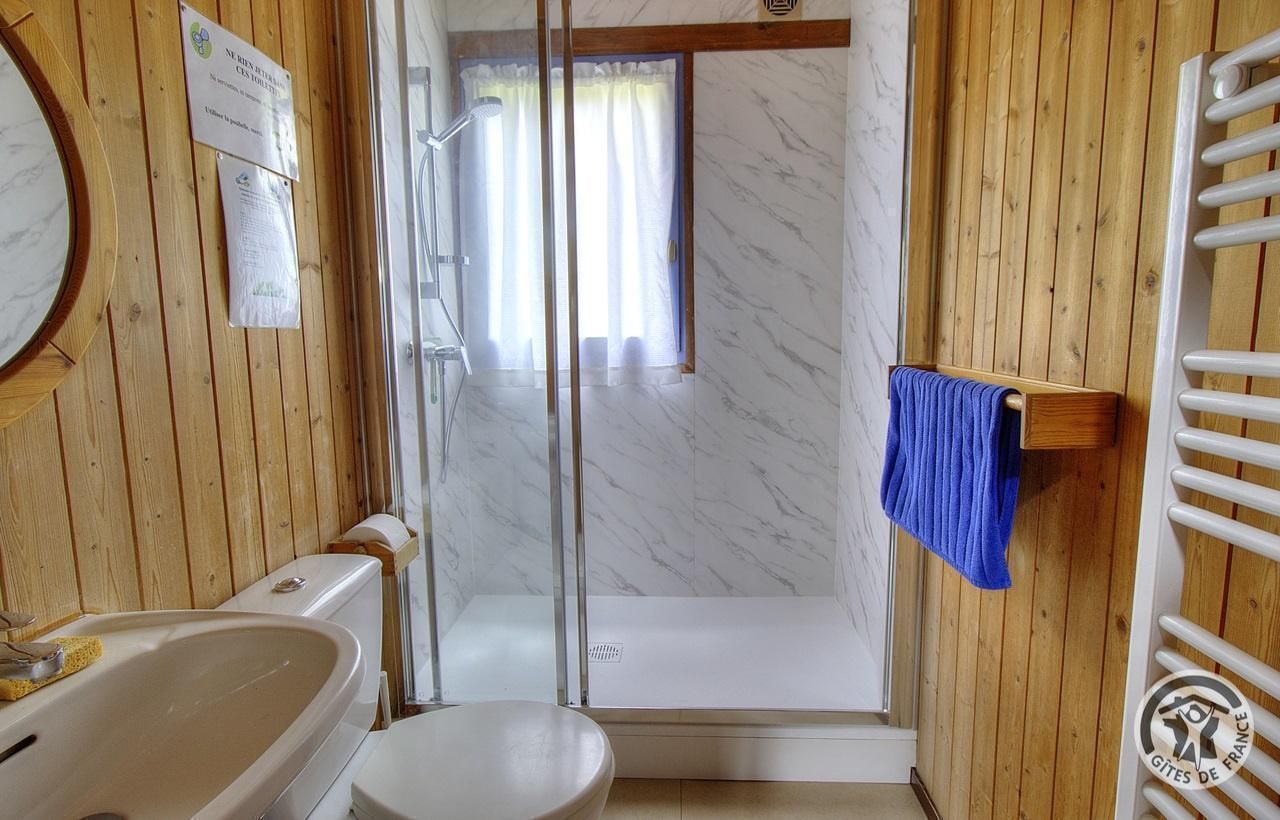 A bathroom with a wooden interior, a shower, a toilet, and a bathtub.