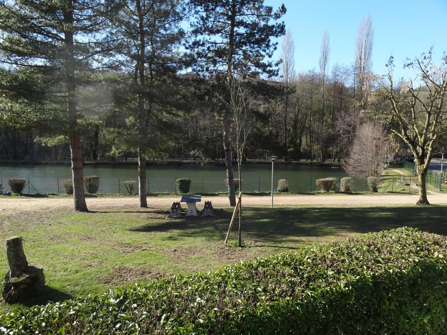 A park with a lake, trees, and a picnic table.