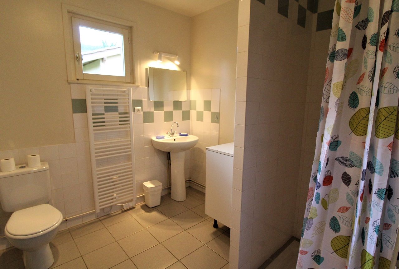 Une salle de bain avec des toilettes, un lavabo et un rideau de douche.