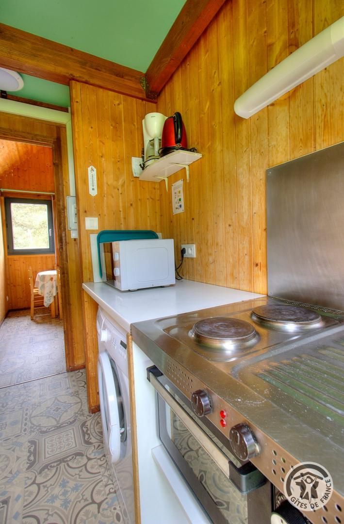 Een kleine keuken met een fornuis, oven en magnetron.