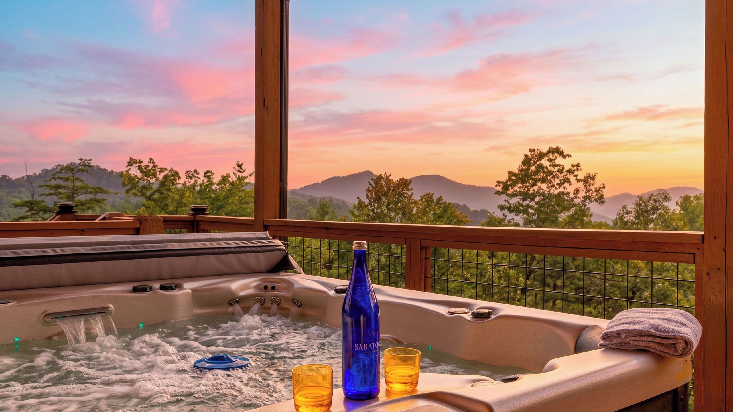 A hot tub with a bottle and glasses, overlooking a mountainous landscape.