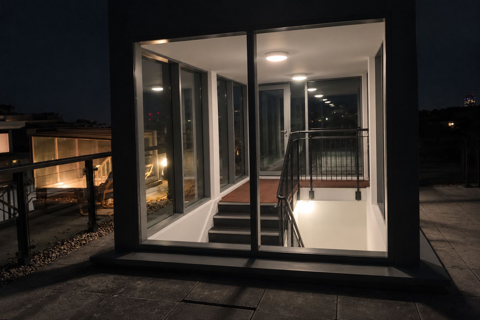 Un bâtiment moderne doté d’une façade en verre, d’un escalier menant à un niveau supérieur et d’une rambarde en métal.