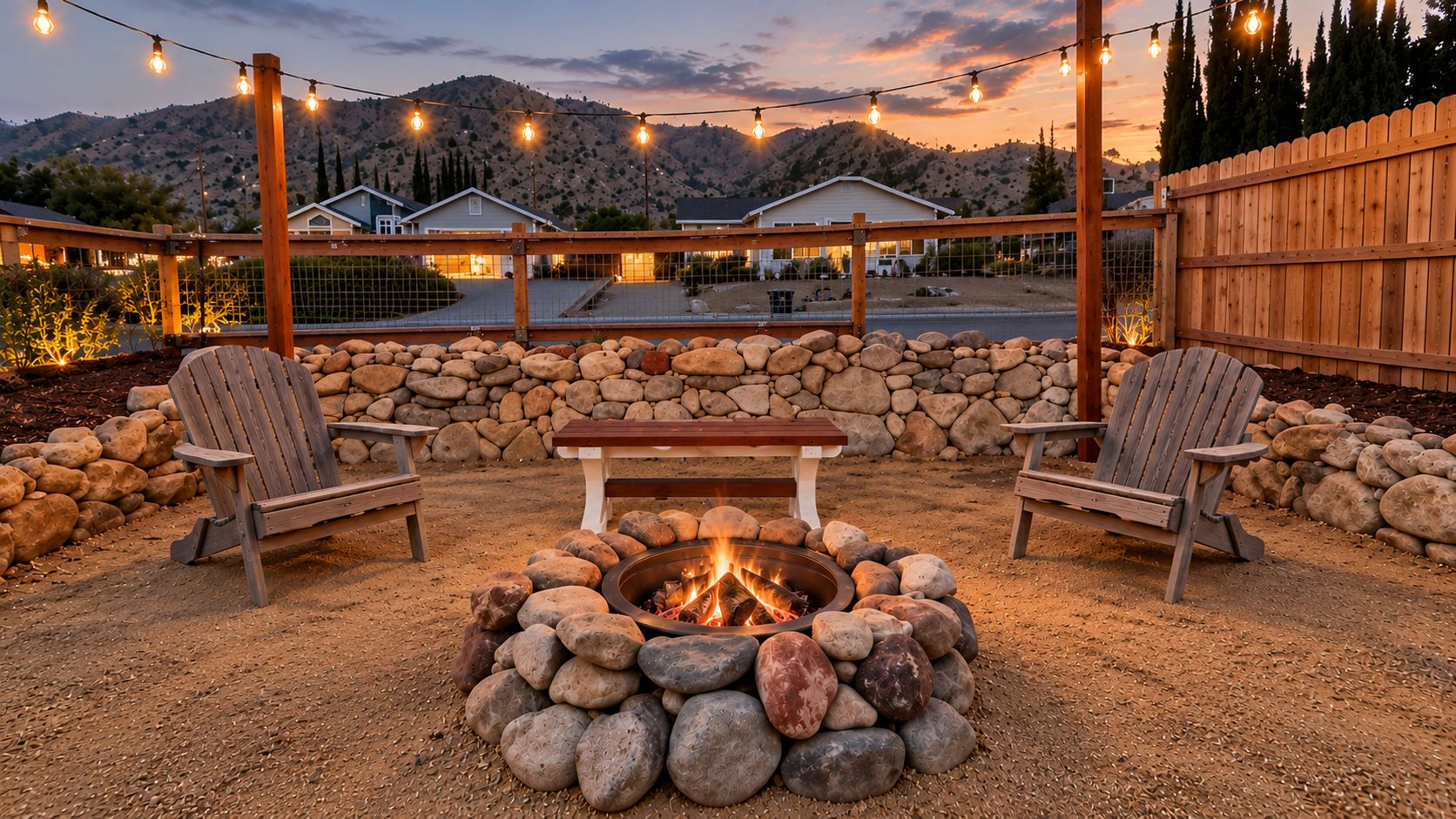 An outdoor seating area with a fire pit surrounded by rocks, two wooden chairs, and a wooden table.