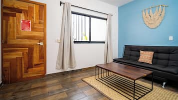 A room with a wooden door, a window with curtains, a black sofa with a cushion, a wooden coffee table, and a woven rug.