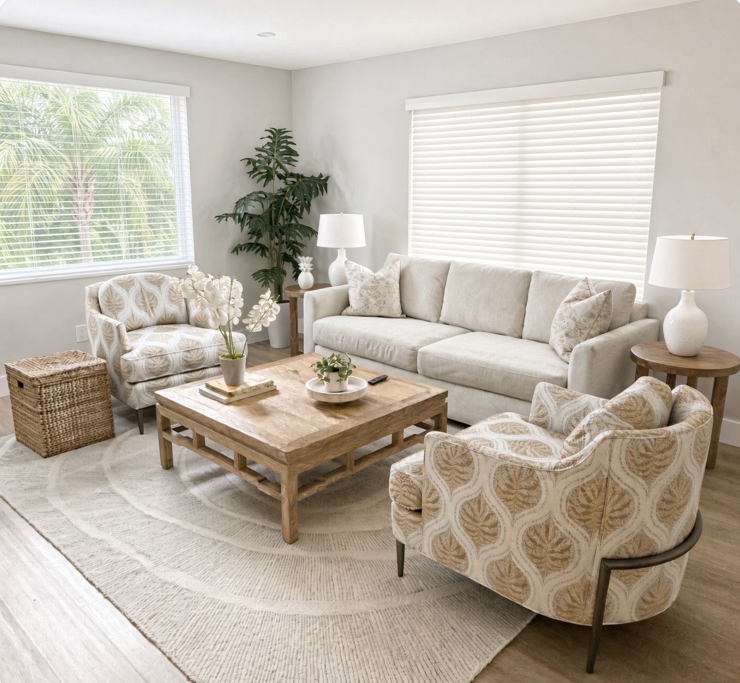 Un salon comprenant un canapé, deux fauteuils, une table basse et une table d’appoint avec des lampes. On y trouve également un pot de fleurs et un panier en osier posés sur le sol.