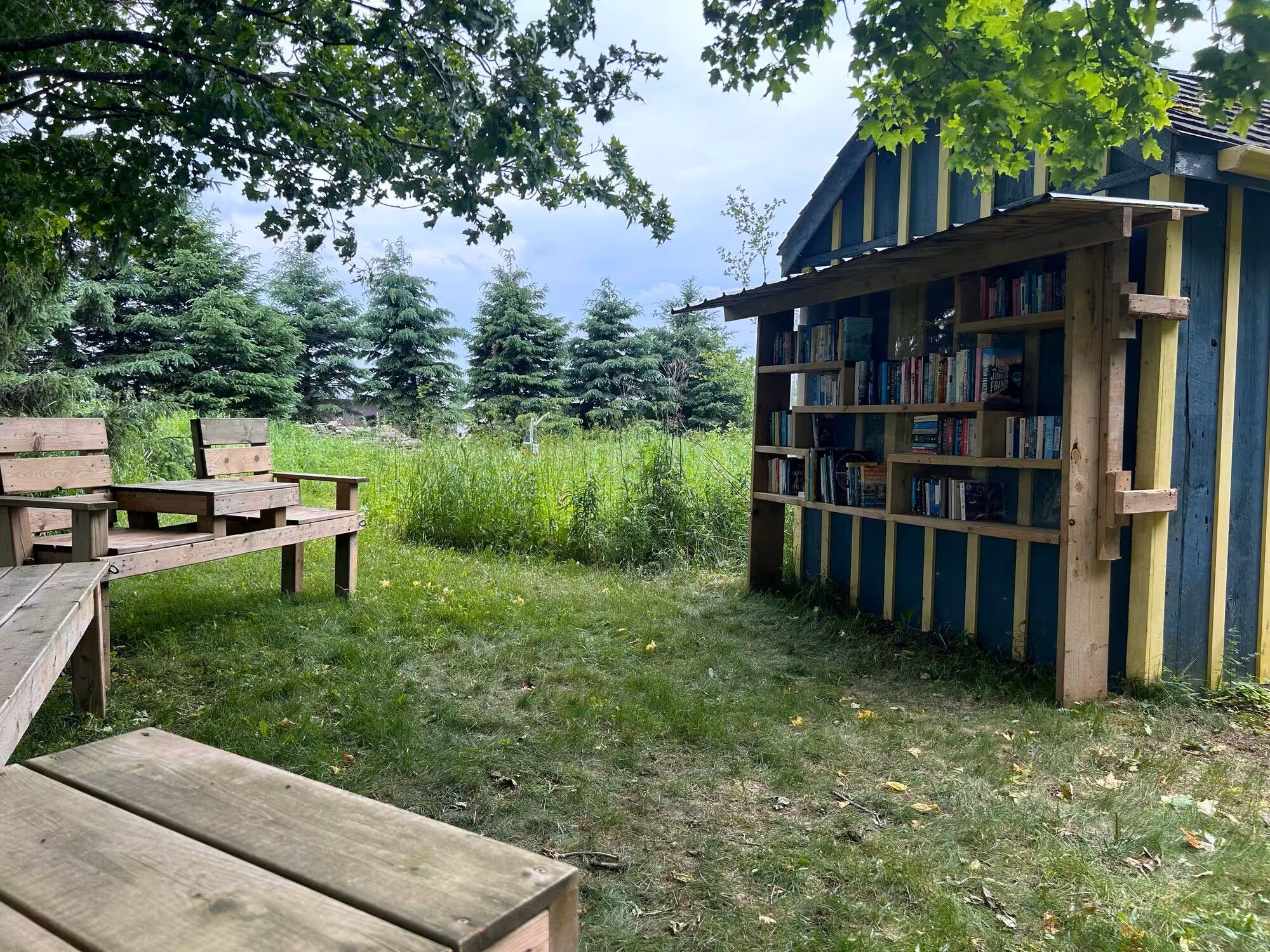 Un espace extérieur aménagé avec des sièges en bois et une bibliothèque.