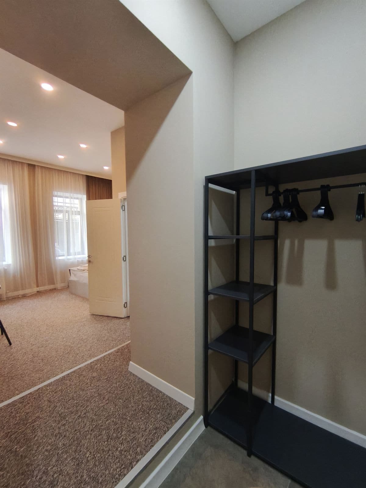 Um quarto com carpete, porta, estante com peças penduradas e janela com cortinas.