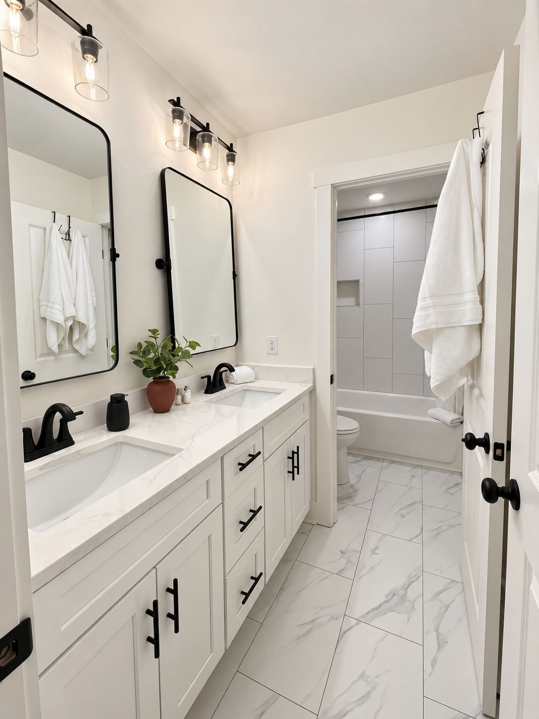 A modern bathroom with a white sink, two mirrors, a potted plant, and a bathtub.