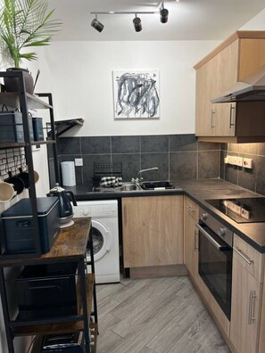 Una cocina moderna con lavadora, un lavamanos y una estufa. Hay un cuadro en la pared y una planta a la izquierda.