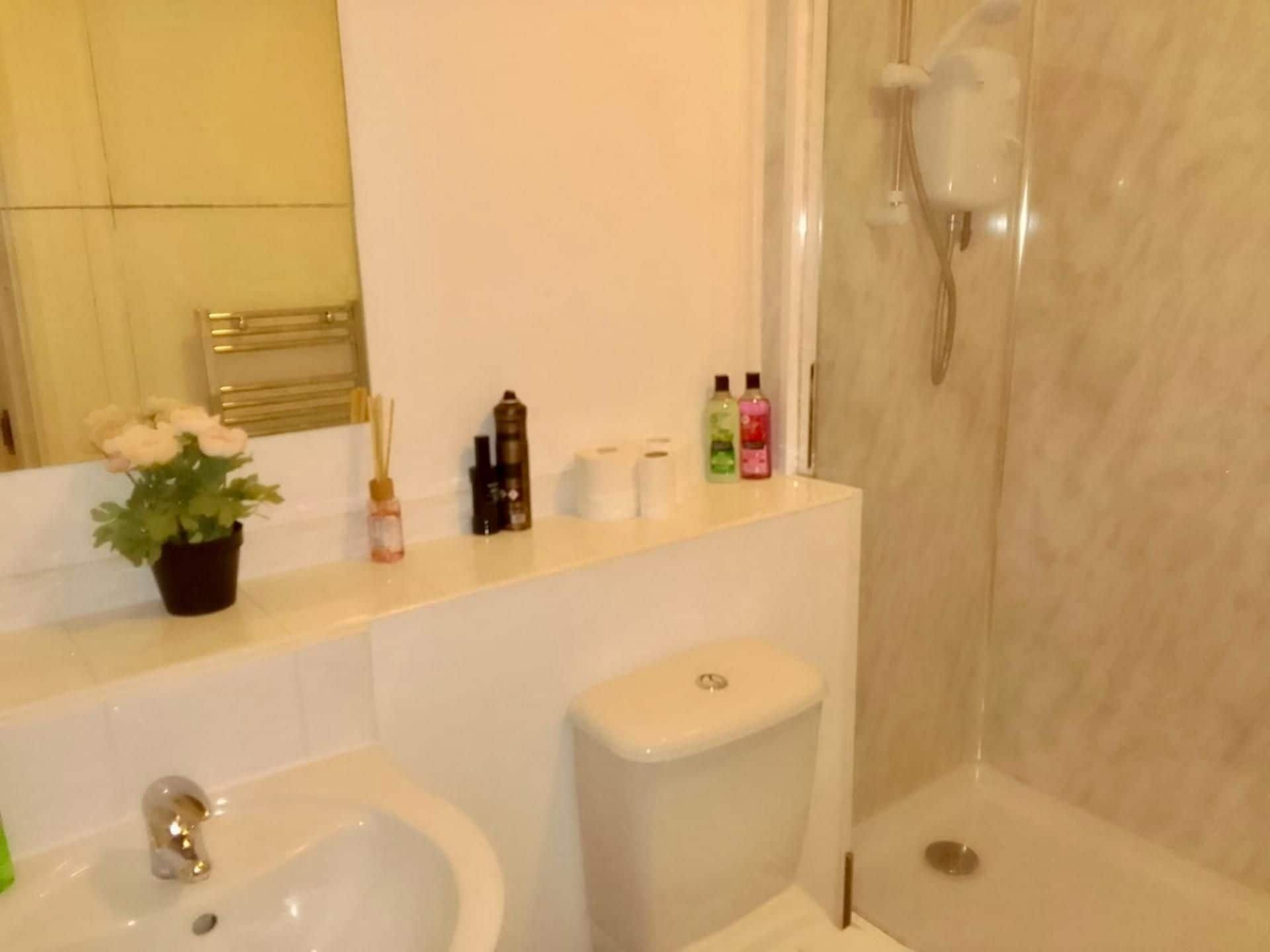 Un baño con lavamanos, inodoro y ducha. Hay artículos de aseo en el mostrador.