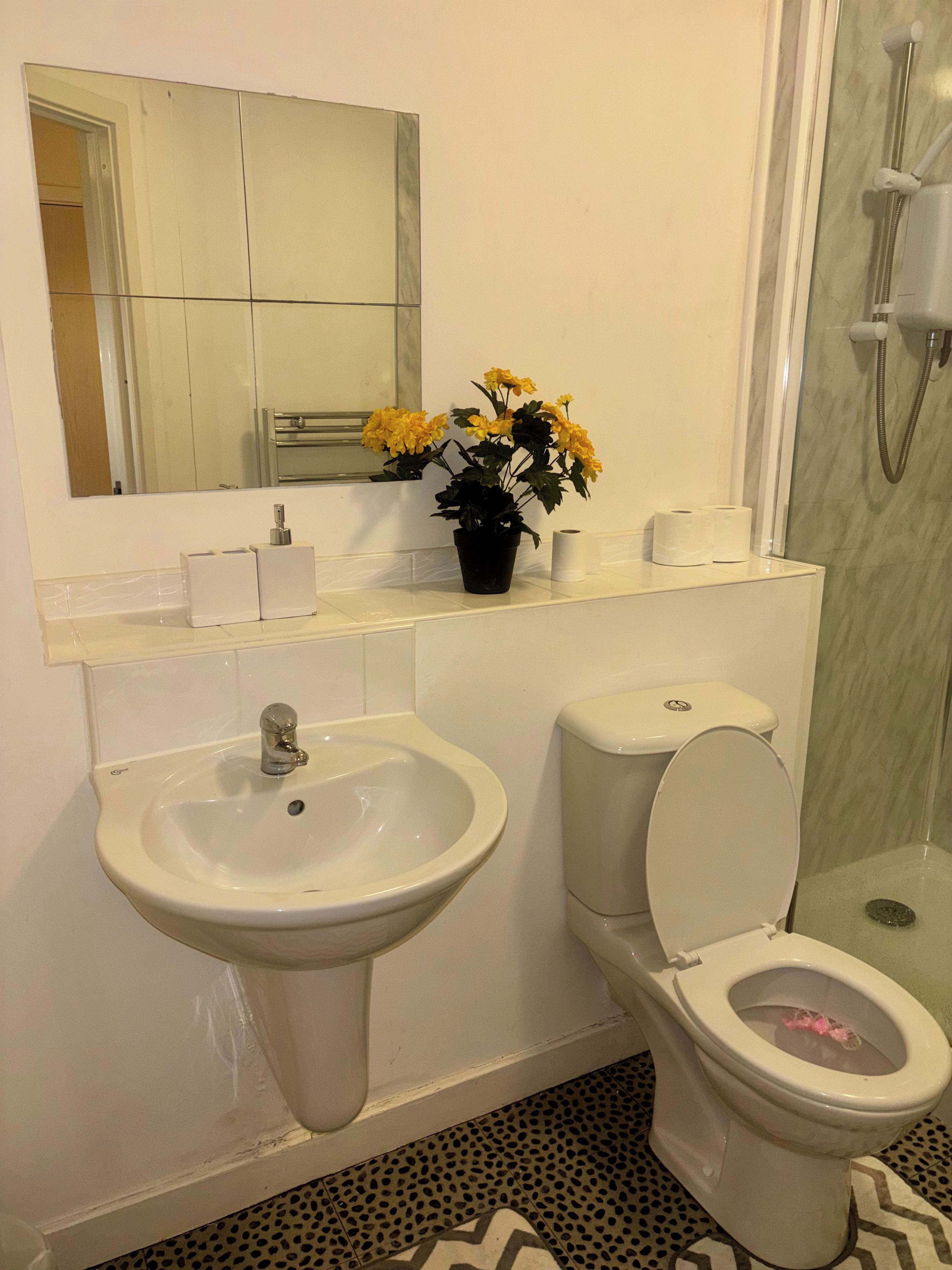 Ein Badezimmer mit Waschbecken, Toilette und Dusche.