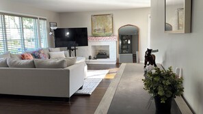 A living room with a sofa, TV, fireplace, and a plant. - Spacious 4BR House in Blackstone, Near Brown, RISD & Miriam Hospital (Providence)