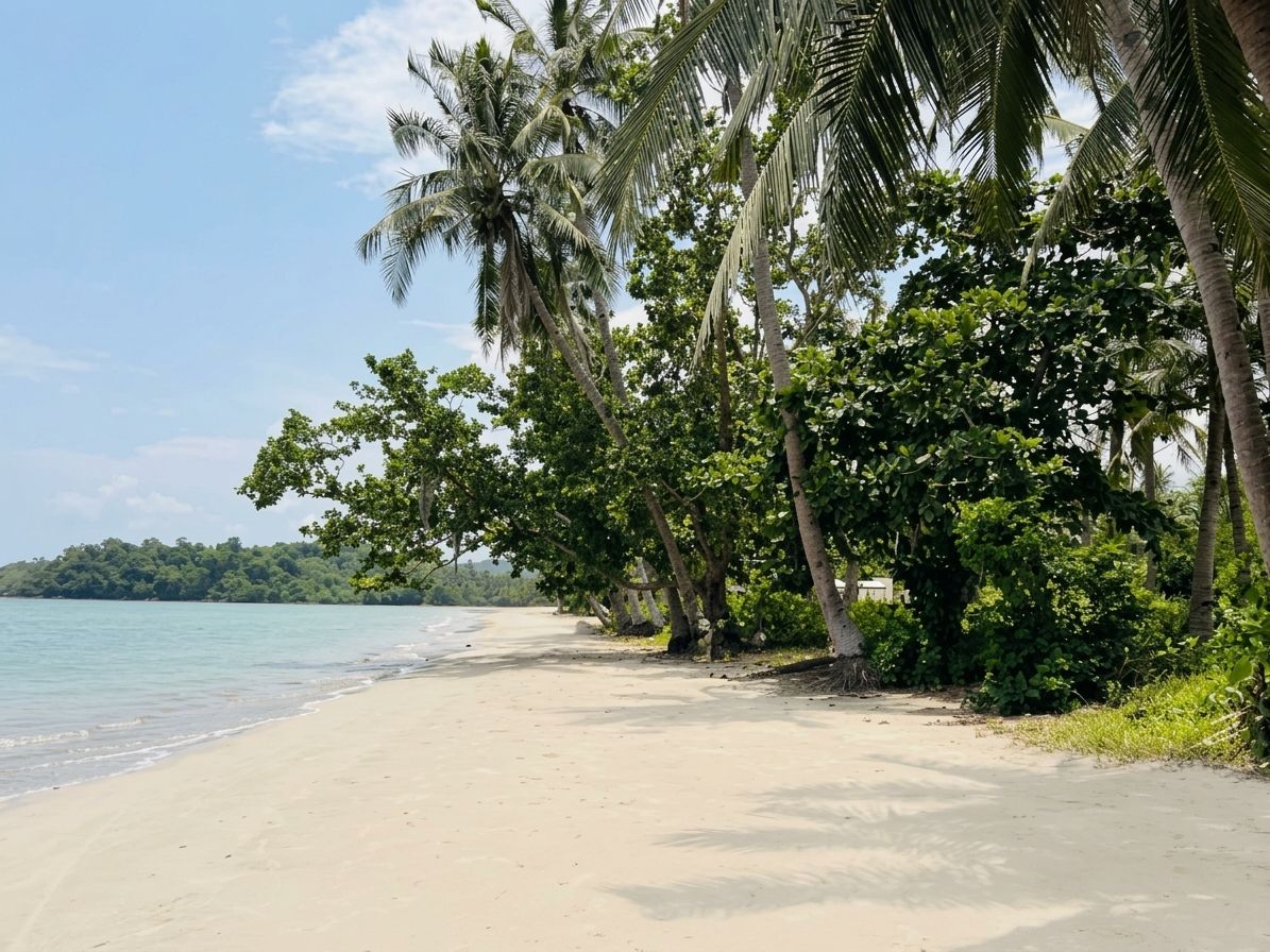 A beach with palm trees and a clear sky.