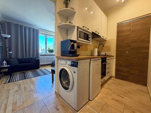 A compact living space with a washing machine, microwave, and sink in the kitchen area. - Dworcowa Old Town Studio (Wrocław)
