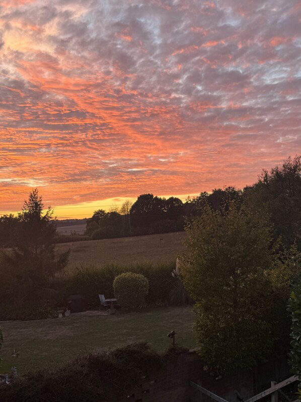 Un coucher de soleil sur un paysage rural, avec des champs et des arbres.