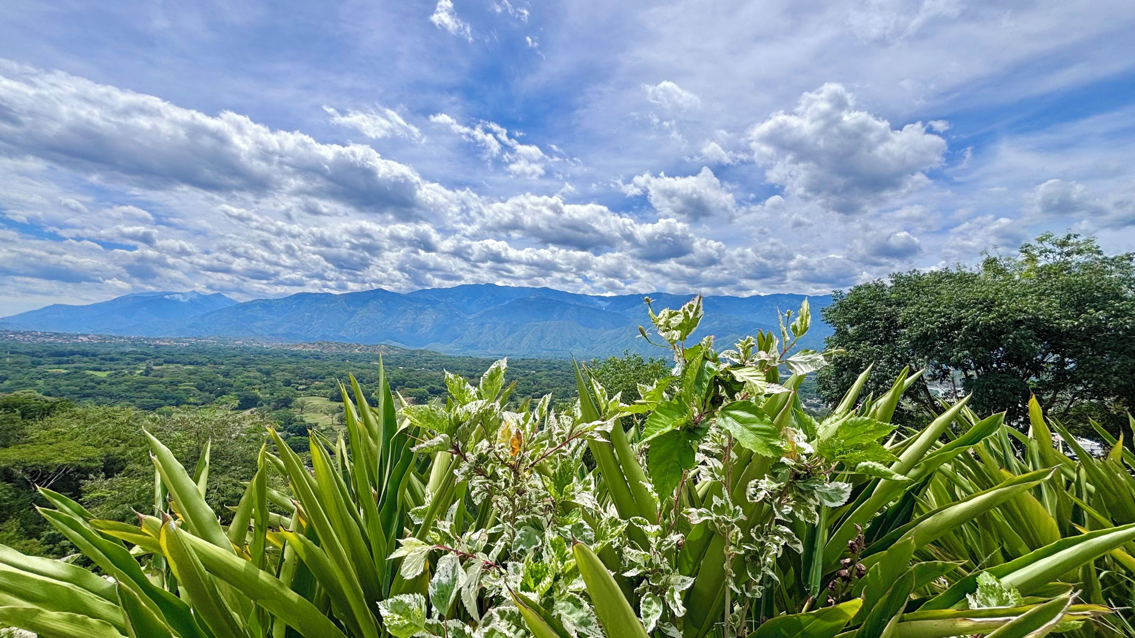 Un paisaje montañoso con cielo despejado y vegetación exuberante al frente.