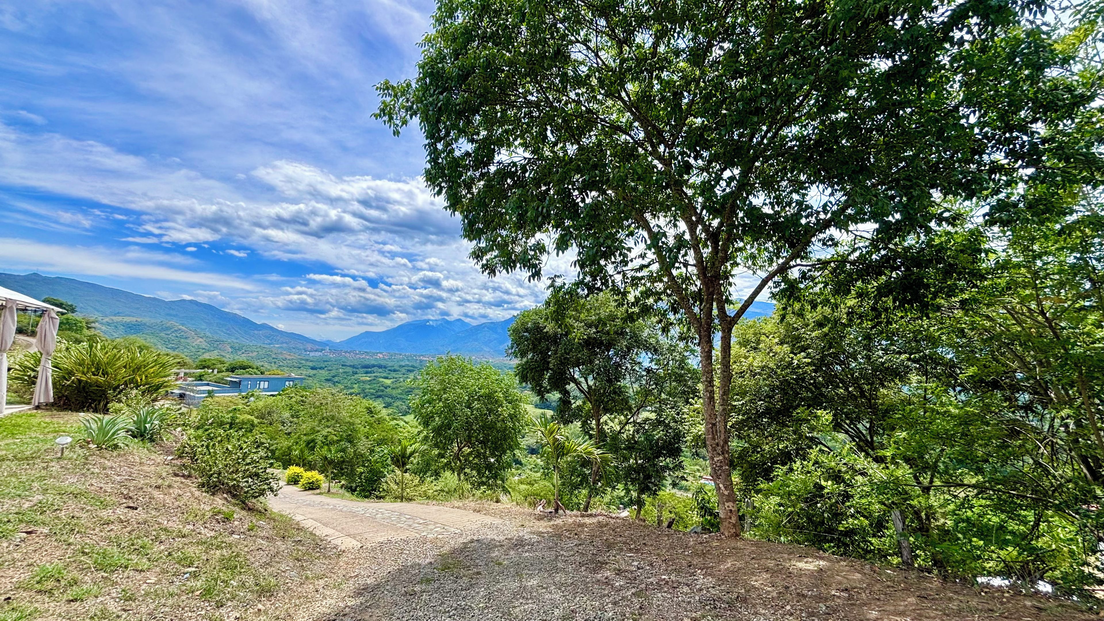 A rural landscape with a clear sky, a gravel path, and a view of distant mountains.