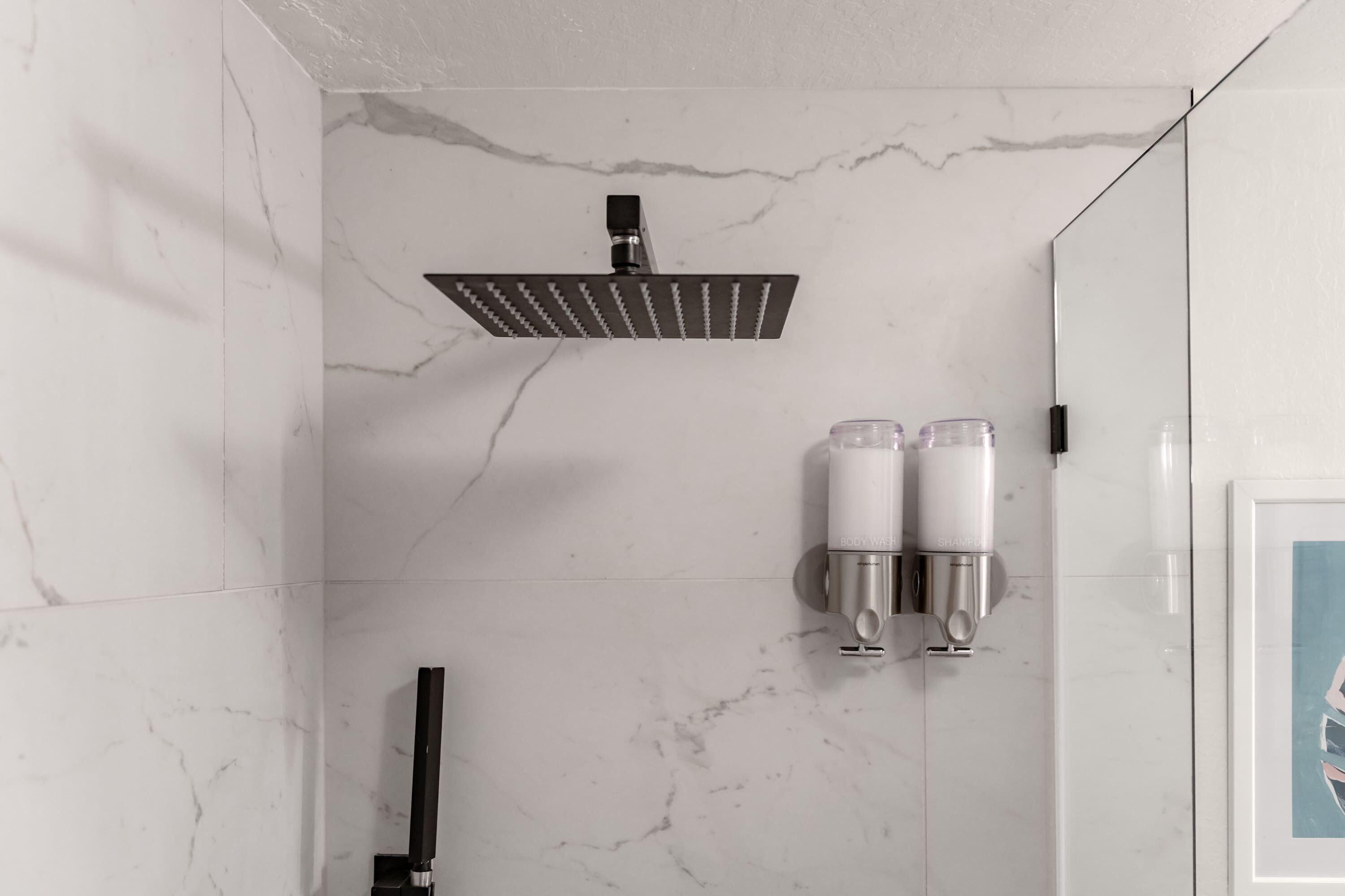 Une salle de bain avec une douche, deux distributeurs de gel douche et un tableau encadré au mur.