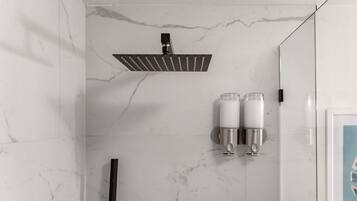 Une salle de bain avec une douche, deux distributeurs de gel douche et un tableau encadré au mur.