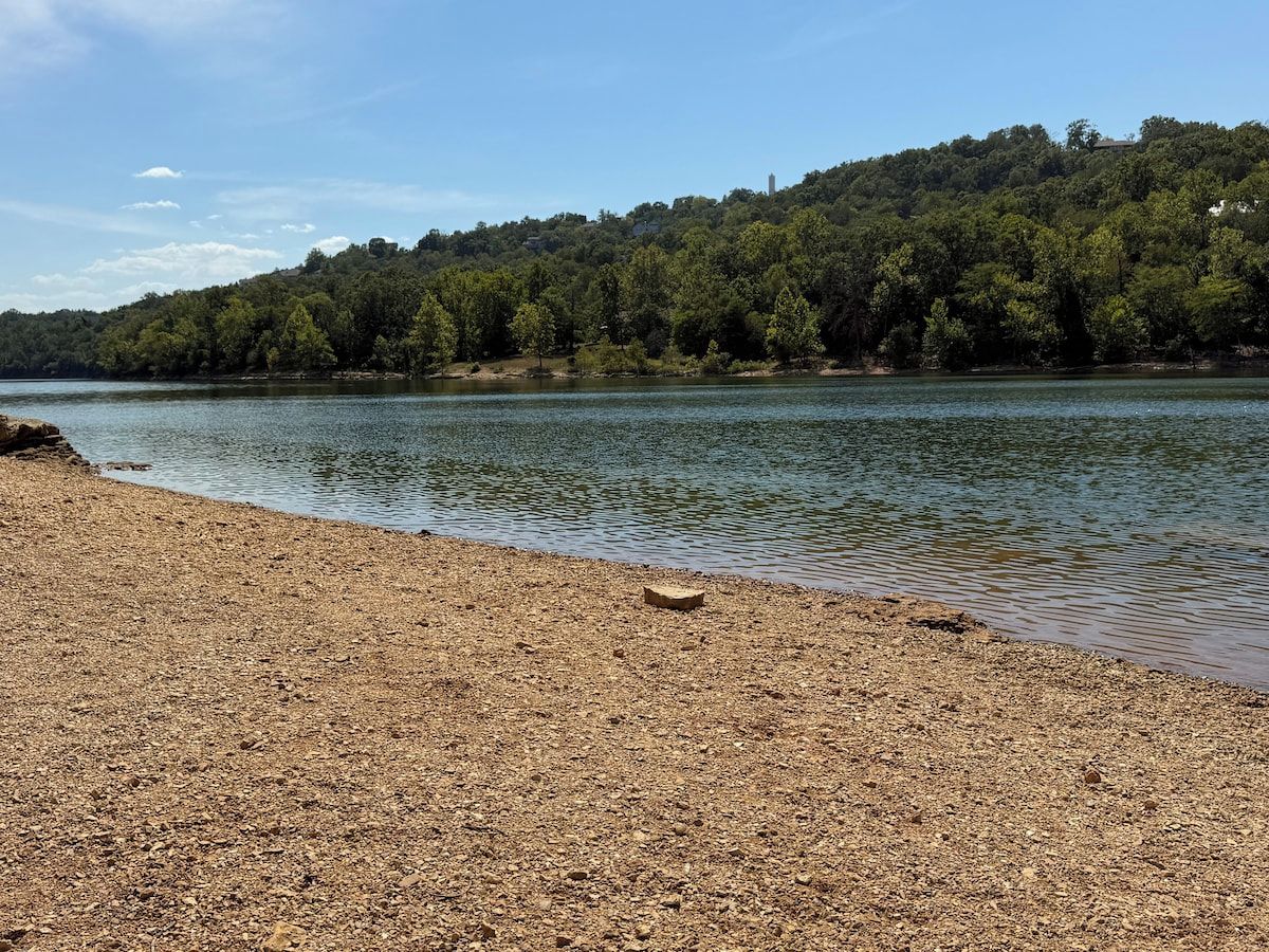 A pebbled beach with a calm lake and a forested hill in the background.