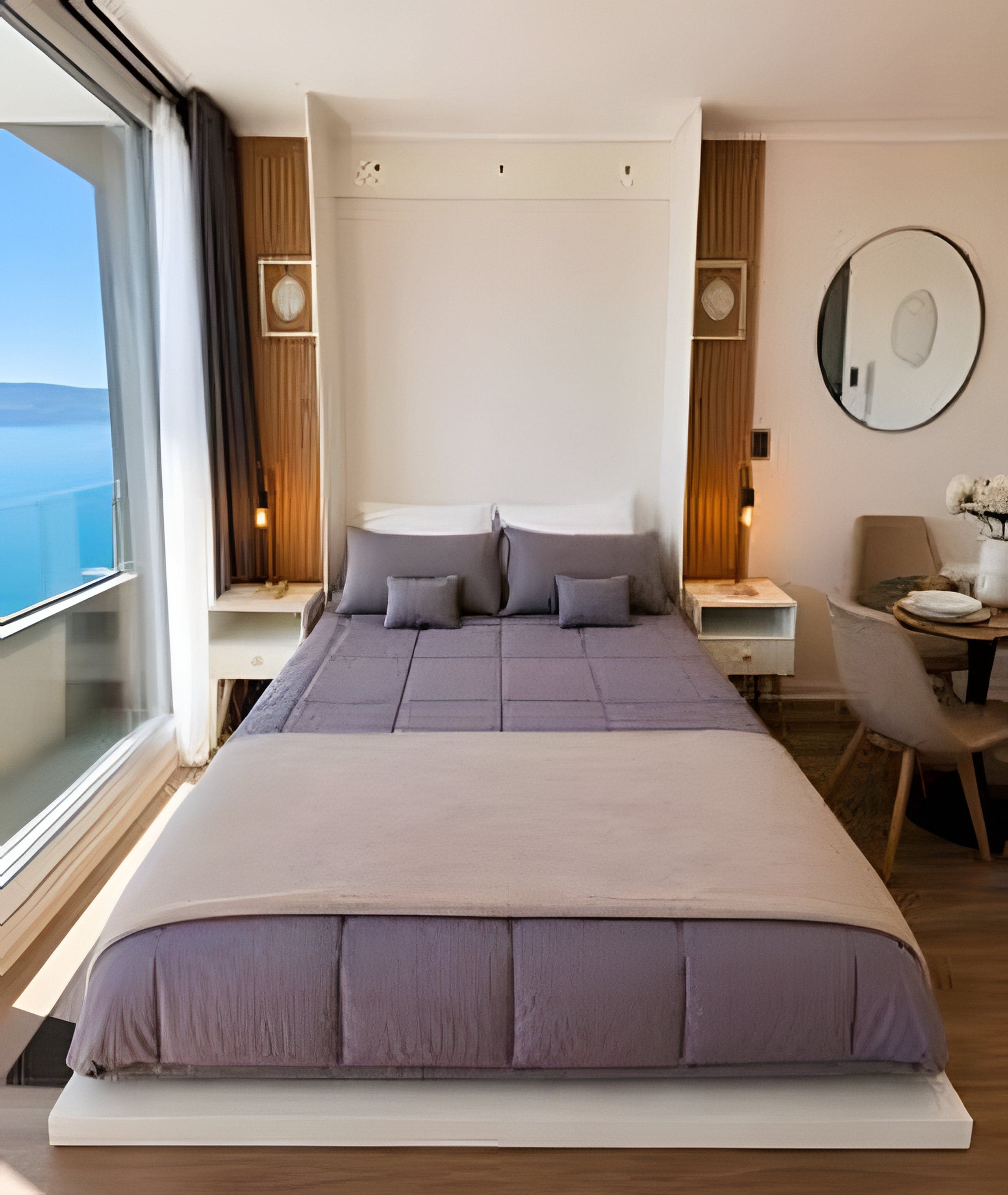 Un dormitorio moderno con una cama grande, un escritorio y una silla. Se ve el mar a través de un ventanal amplio.