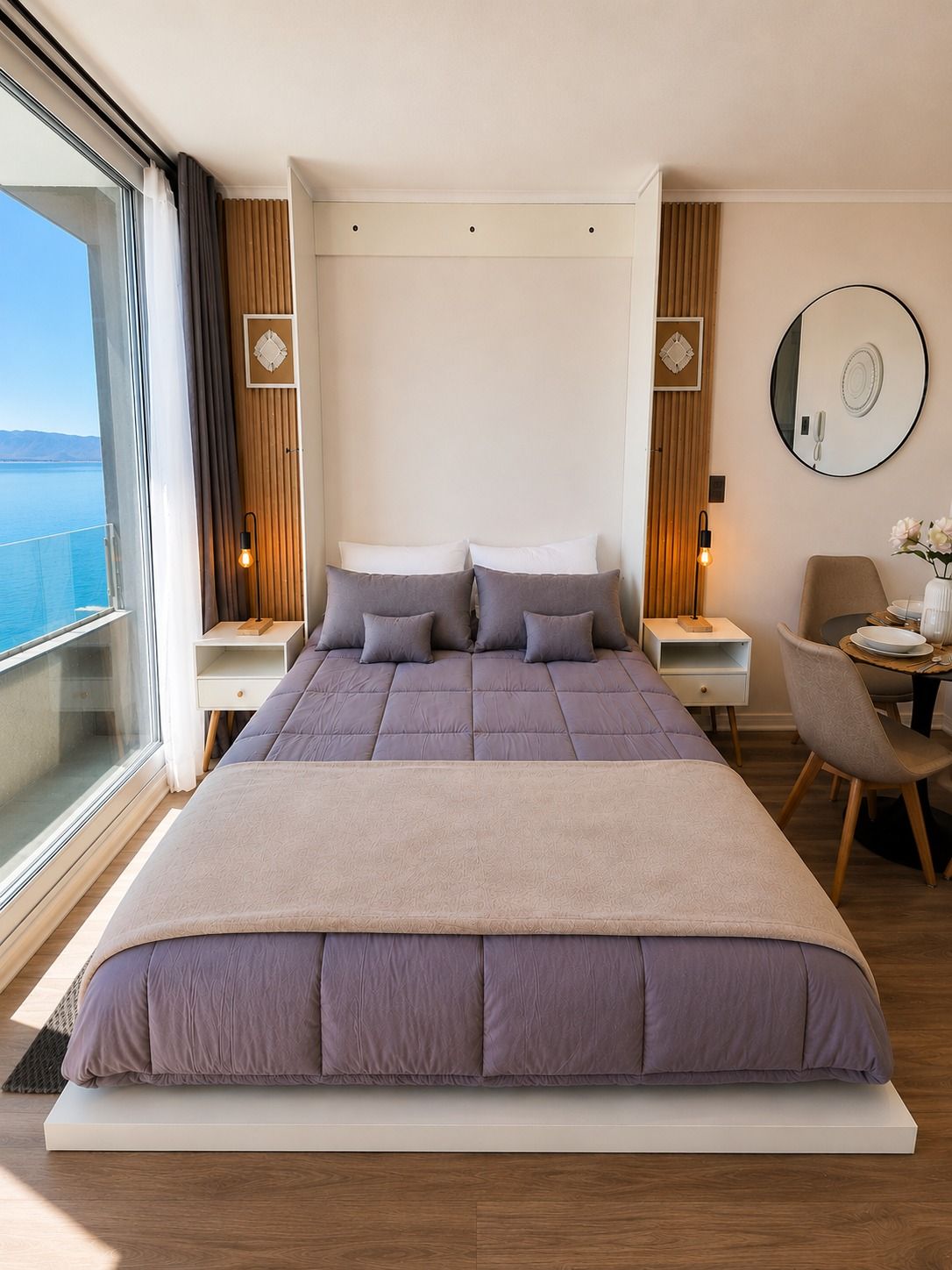 Un dormitorio moderno con una cama grande, mesitas de noche, una silla y vista al mar.
