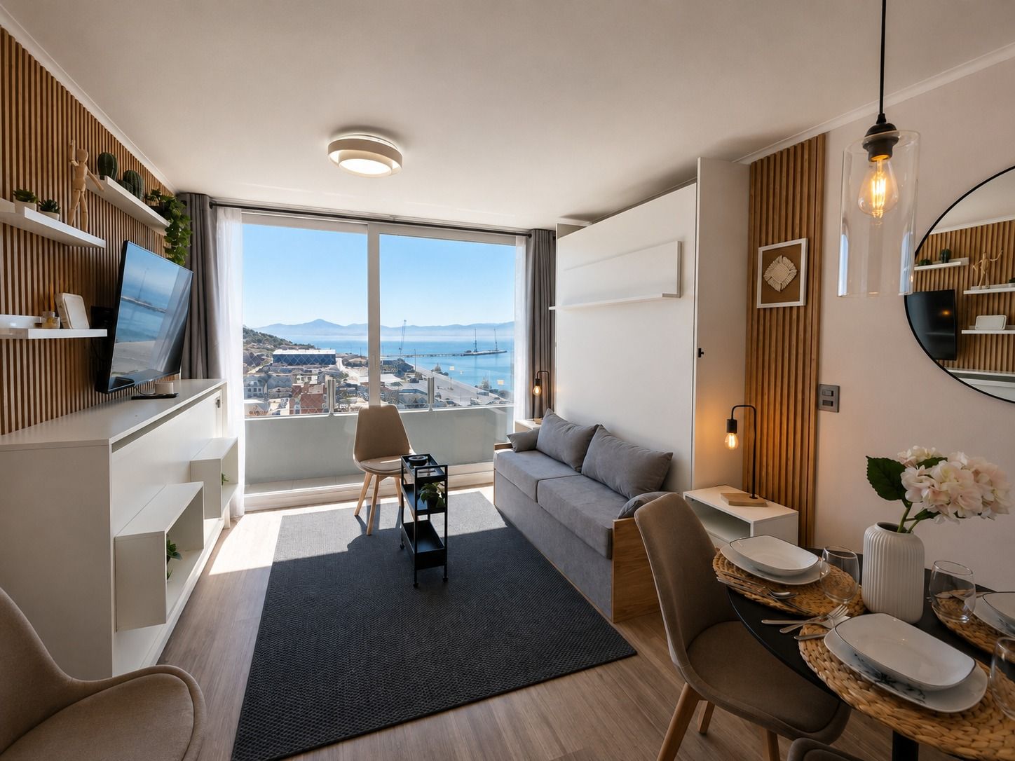 Un salon moderne avec un canapé, une table à manger pour deux personnes, un téléviseur et une grande fenêtre donnant sur la mer.