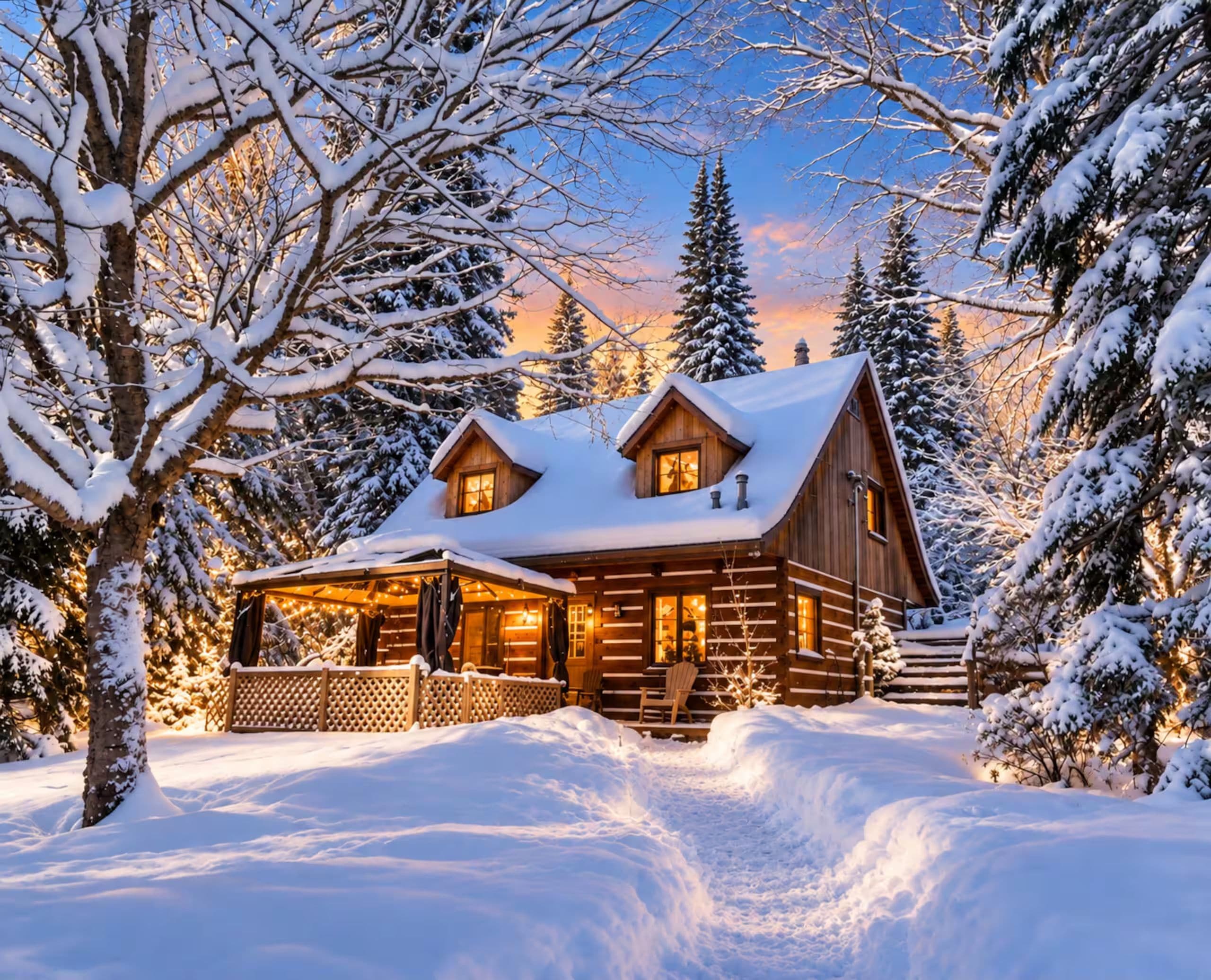A log cabin with a porch, surrounded by snow-covered trees.