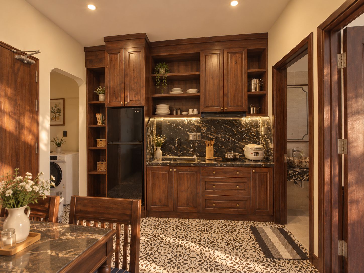 Cocina pequeña con armarios de madera, refrigerador negro y encimera de mármol.