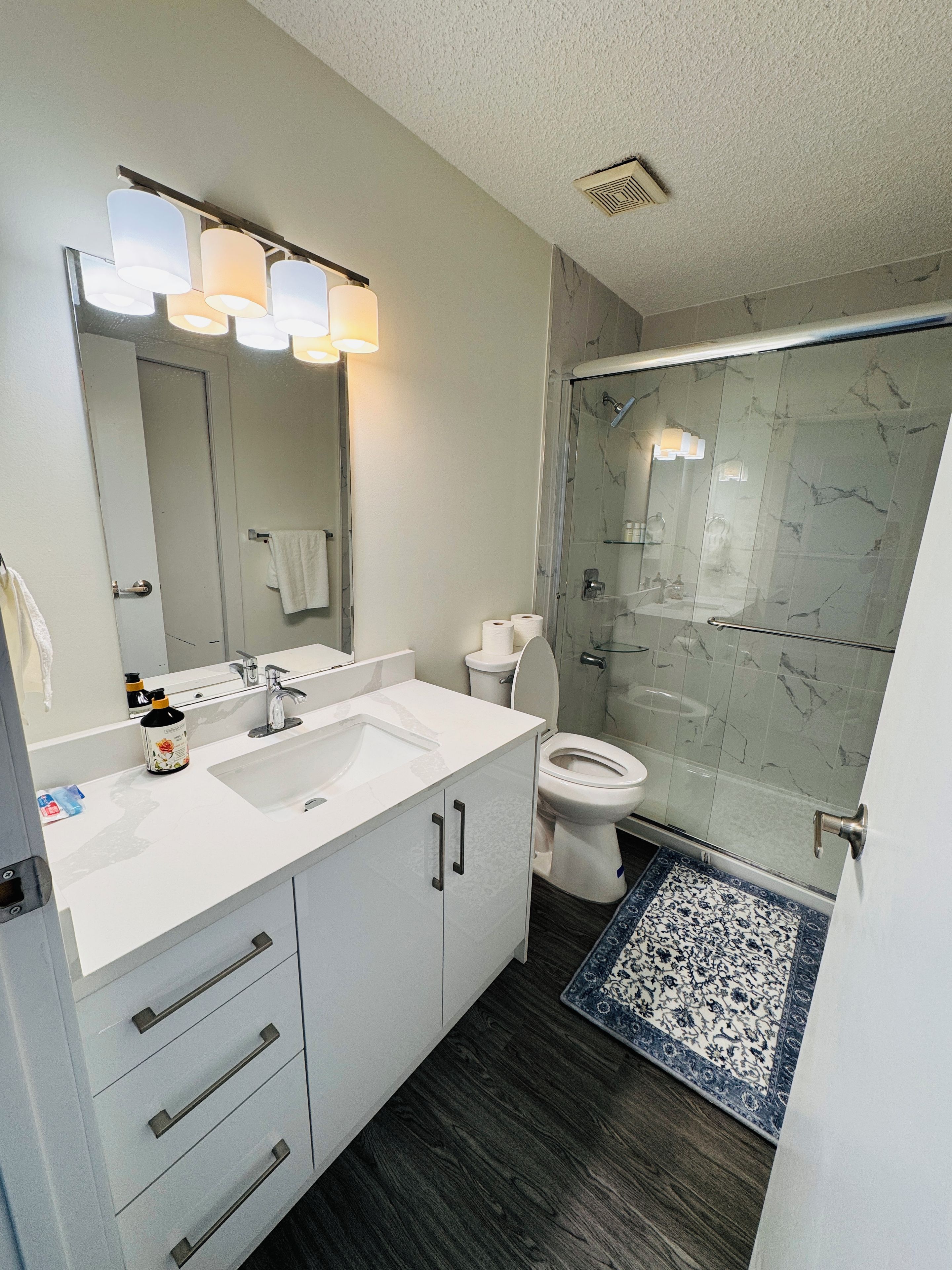 Une salle de bain moderne avec une douche à parois de verre, un lavabo blanc avec un miroir au-dessus et des toilettes.