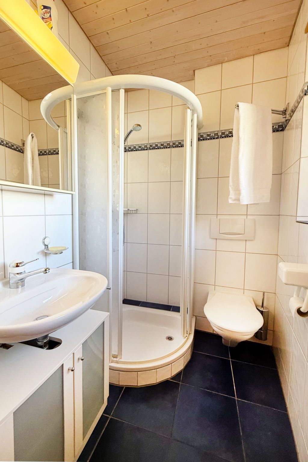 Un bagno con box doccia, lavabo e water.