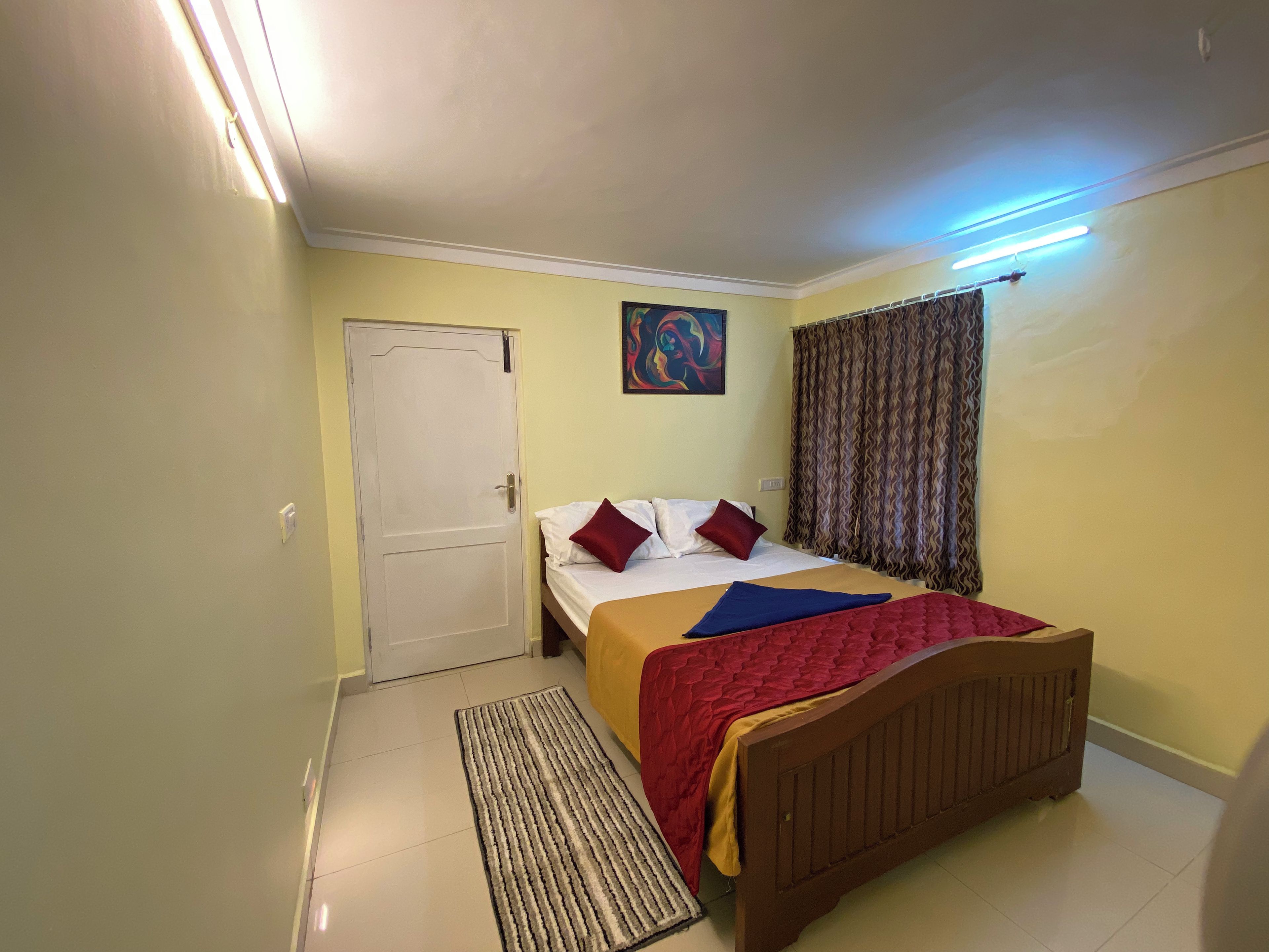 A bedroom with a bed, a door, a painting, curtains, and a floor mat.