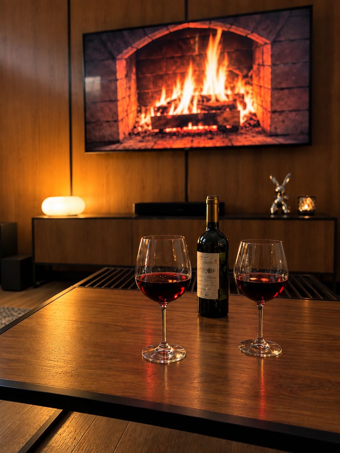 A wooden table with two wine glasses and a bottle, a fireplace, and a television mounted on the wall.