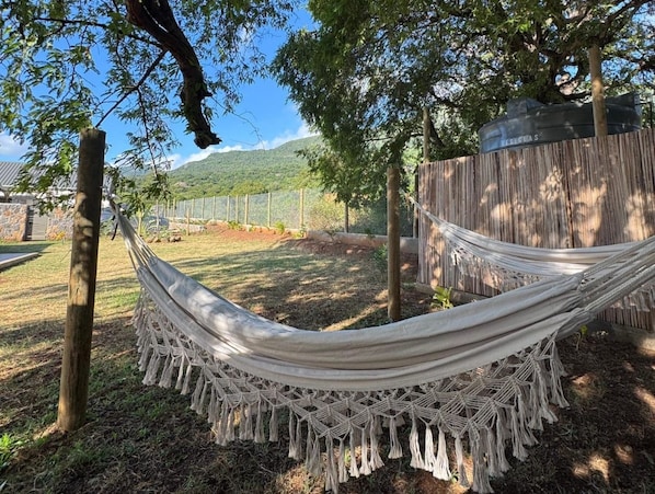 A hammock tied between trees in a backyard with a wooden fence and a mountain in the background.