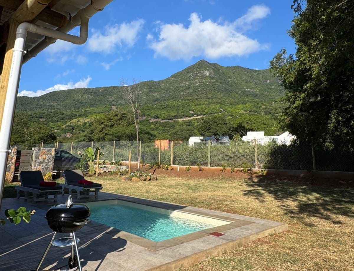 A backyard with a swimming pool, a barbecue grill, and a view of a mountain.