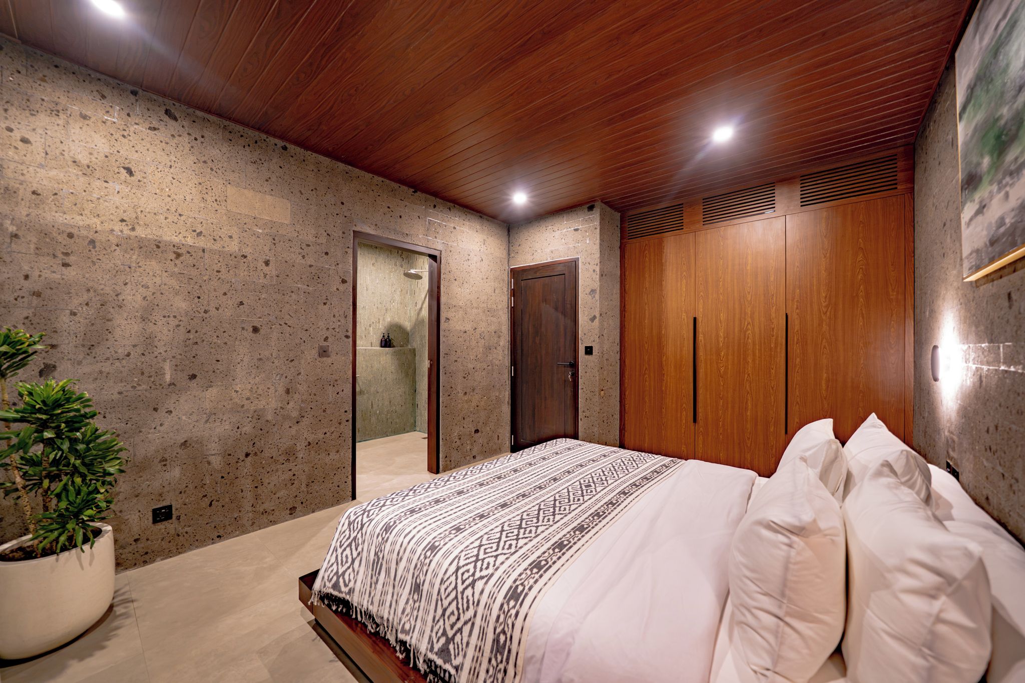 Un dormitorio con una cama, una planta en maceta, un armario de madera y una puerta.