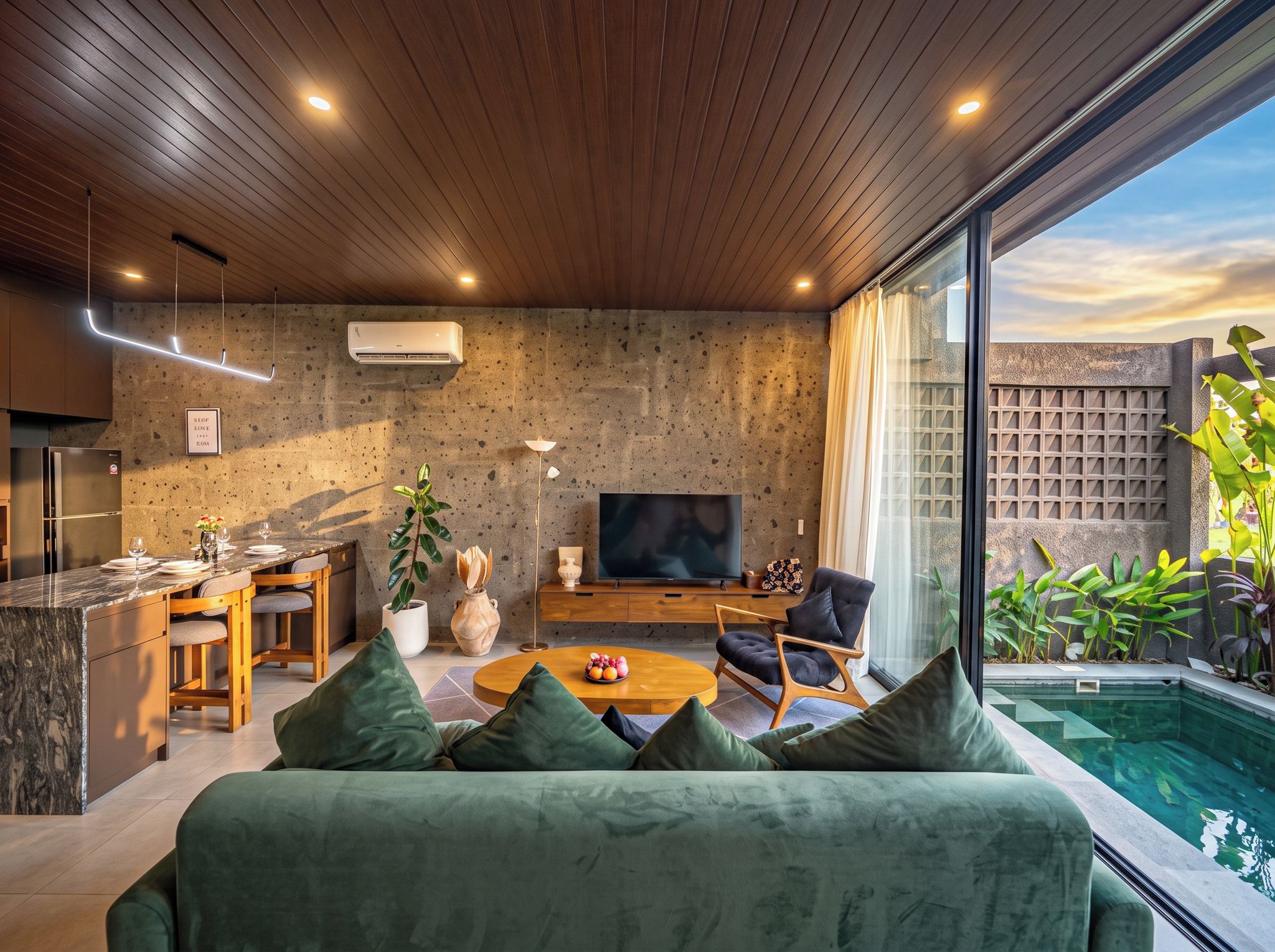 Una sala de estar moderna con televisor, asientos, zona de comedor y vista a una piscina.
