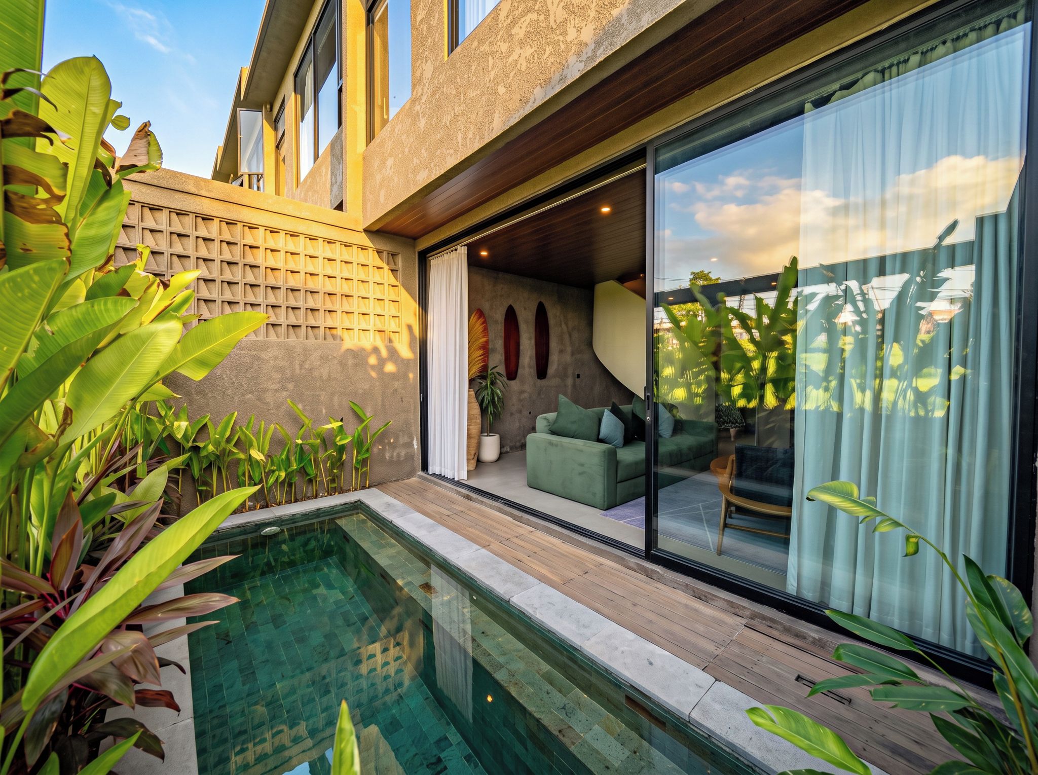 A modern outdoor pool area with a glass enclosure, a green sofa, and tropical plants.