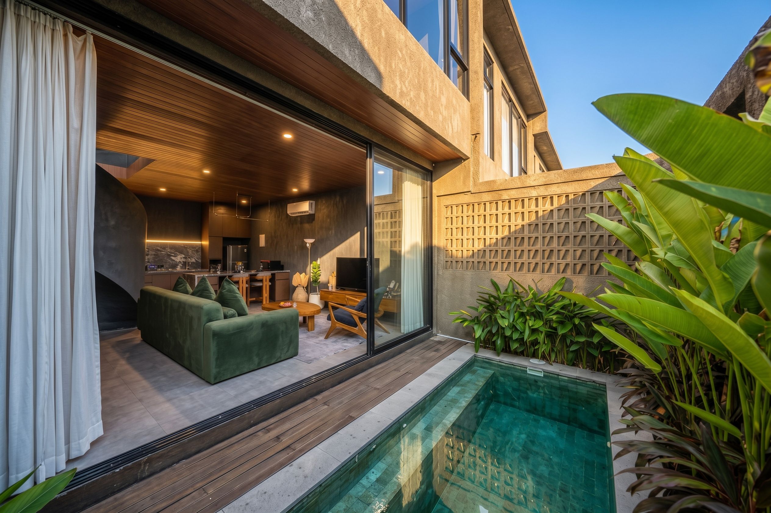 A modern house with a glass door leading to a living area, a pool, and a kitchen visible through the glass.