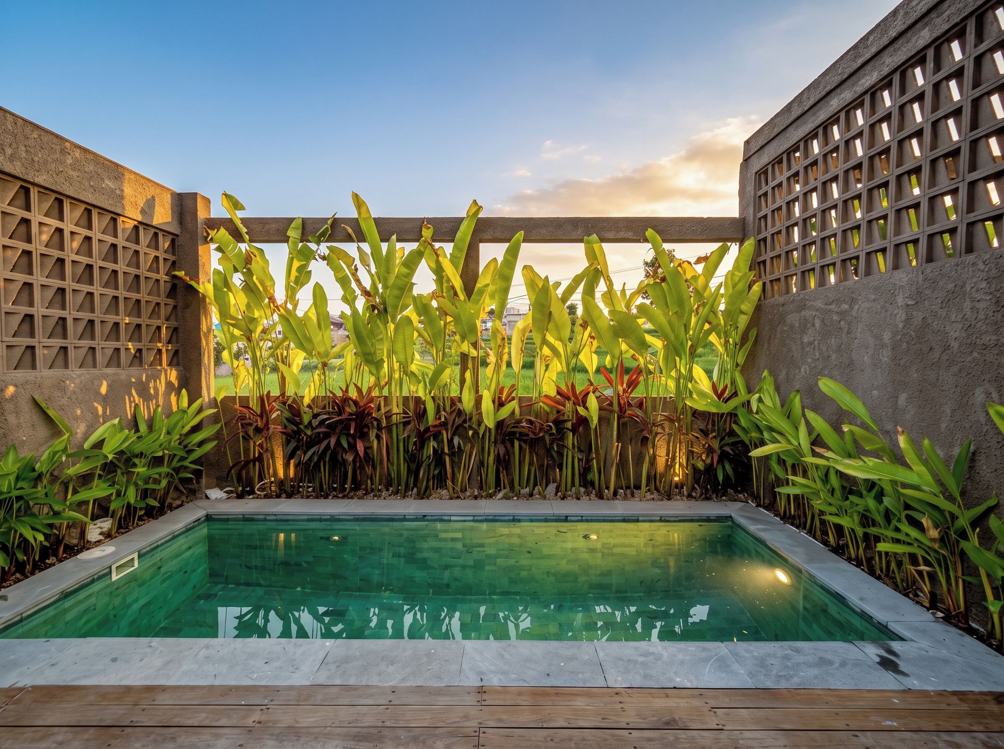 Una piscina rectangular con muelle de madera en primer plano, rodeada de exuberante follaje tropical y un muro de concreto con diseño de cuadrícula en un lado.