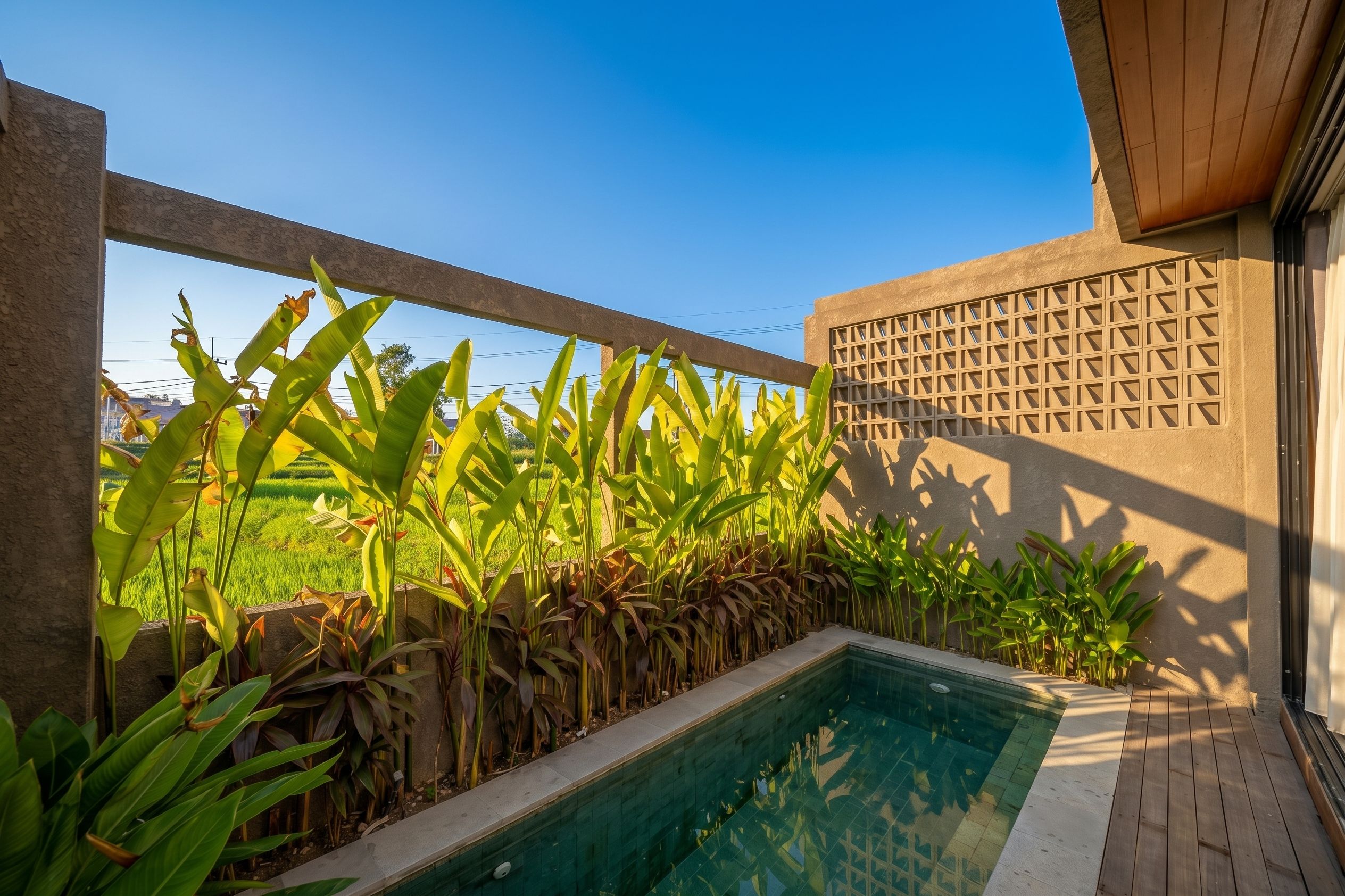Una piscina con borde de azulejos, rodeada de abundante follaje y un muro de hormigón con un diseño geométrico.