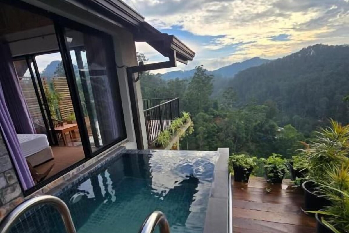 Piscina con cubierta de madera y vista a un paisaje montañoso.