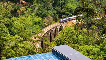 A swimming pool with a view of a bridge and forested area.