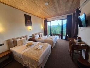 Una habitación de hotel con dos camas, techo de madera, televisor y balcón con vistas.