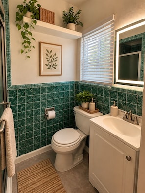 A bathroom with a toilet, sink, and a mirror.