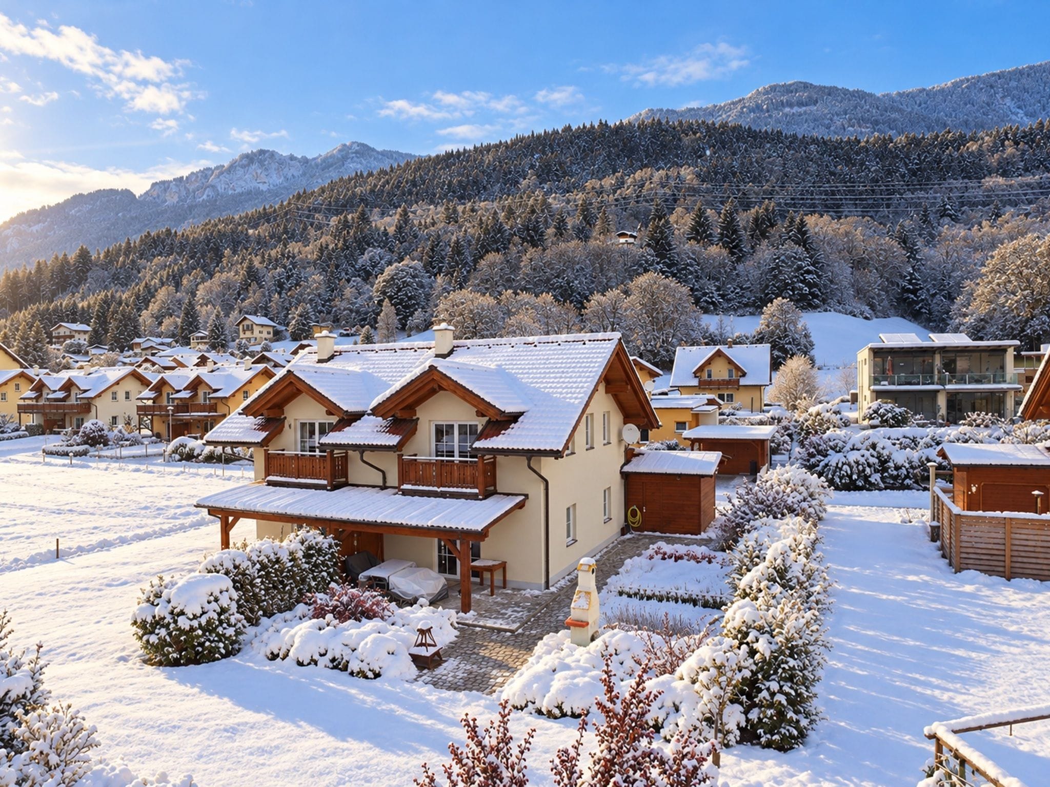 A snow-covered residential area with houses, a wooden deck, and a mountain backdrop.