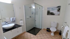 Un baño con ducha de vidrio, lavamanos blanco y un inodoro.