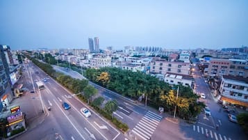 Un paisaje urbano con una avenida amplia, edificios y un paso de peatones.