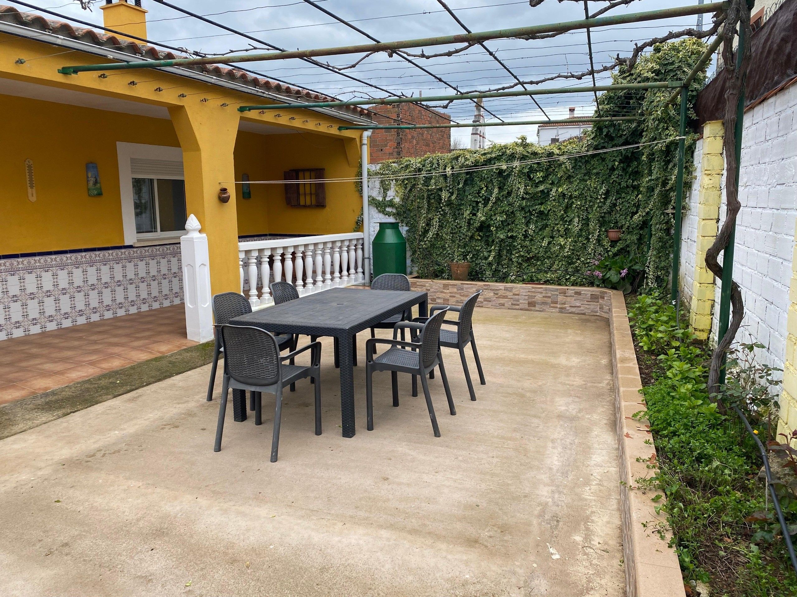 An outdoor patio with a table and chairs, a white balustrade, and a green wall covered with ivy.