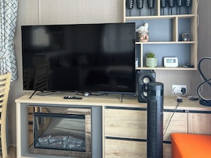 A modern living room with a flat-screen TV, a built-in fireplace, a speaker, and a shelf with decorative items. - Northfield Lodge 1 - UK52397 (Skipsea Sands)